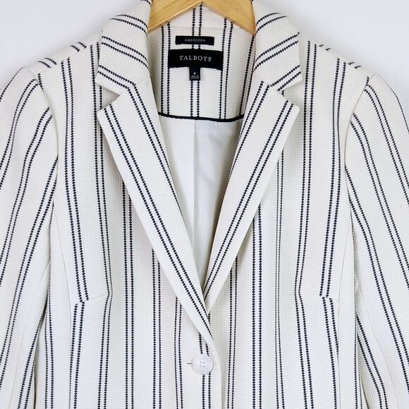 TALBOTS SZ 6 ABERDEEN KNIT BLAZER - TEXTURED PONTE - STRIPE Cream Blue - Picture 3 of 7